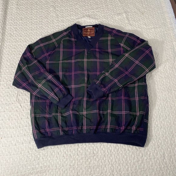 PROQUIP Golf Windbreaker Fully Lined Blue Green Pink Plaid Pullover Mens Large - Picture 1 of 7